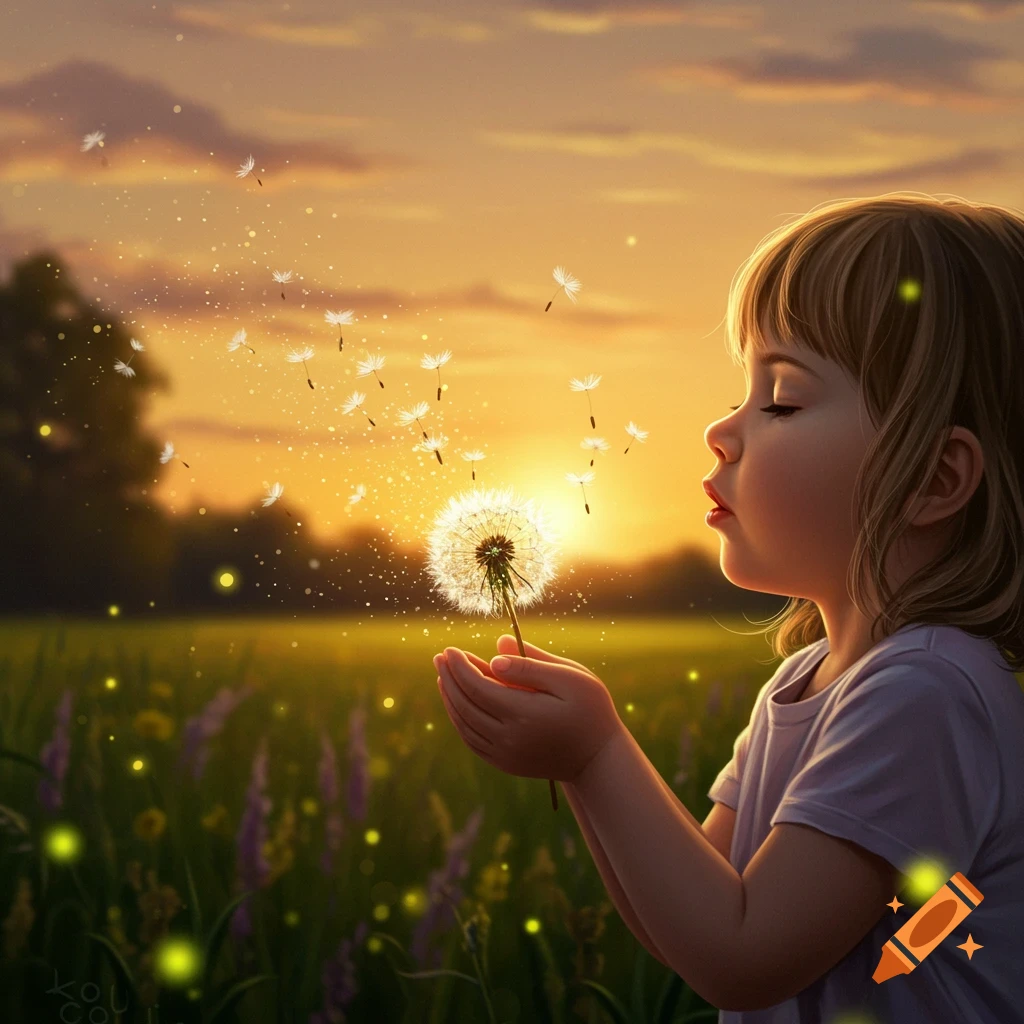 A young child blows dandelion seeds into the air at sunset in a field, with glowing sparkles and fireflies.