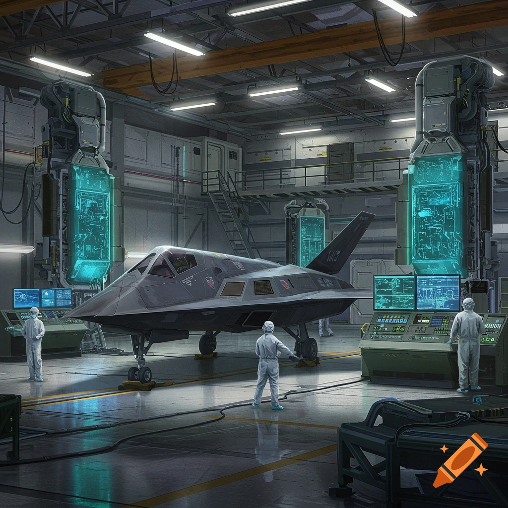 A stealth-like aircraft in a large, futuristic hangar with scientists in hazmat suits working around it, surrounded by glowing tech screens.