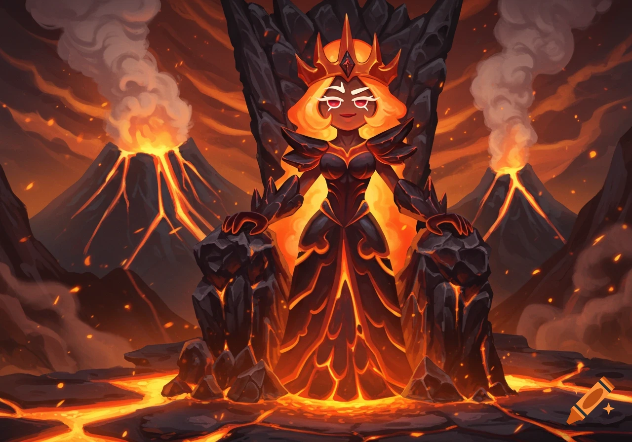 A cartoon lava queen with a crown and fiery armor sits on a throne, surrounded by erupting volcanoes and flowing lava.