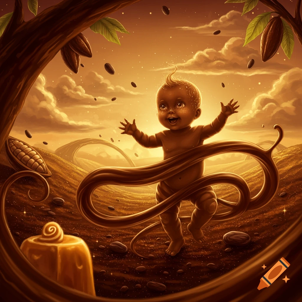 A cute, stylized baby made of dark chocolate frolicking in a golden-brown landscape with cocoa pods and chocolate beans.