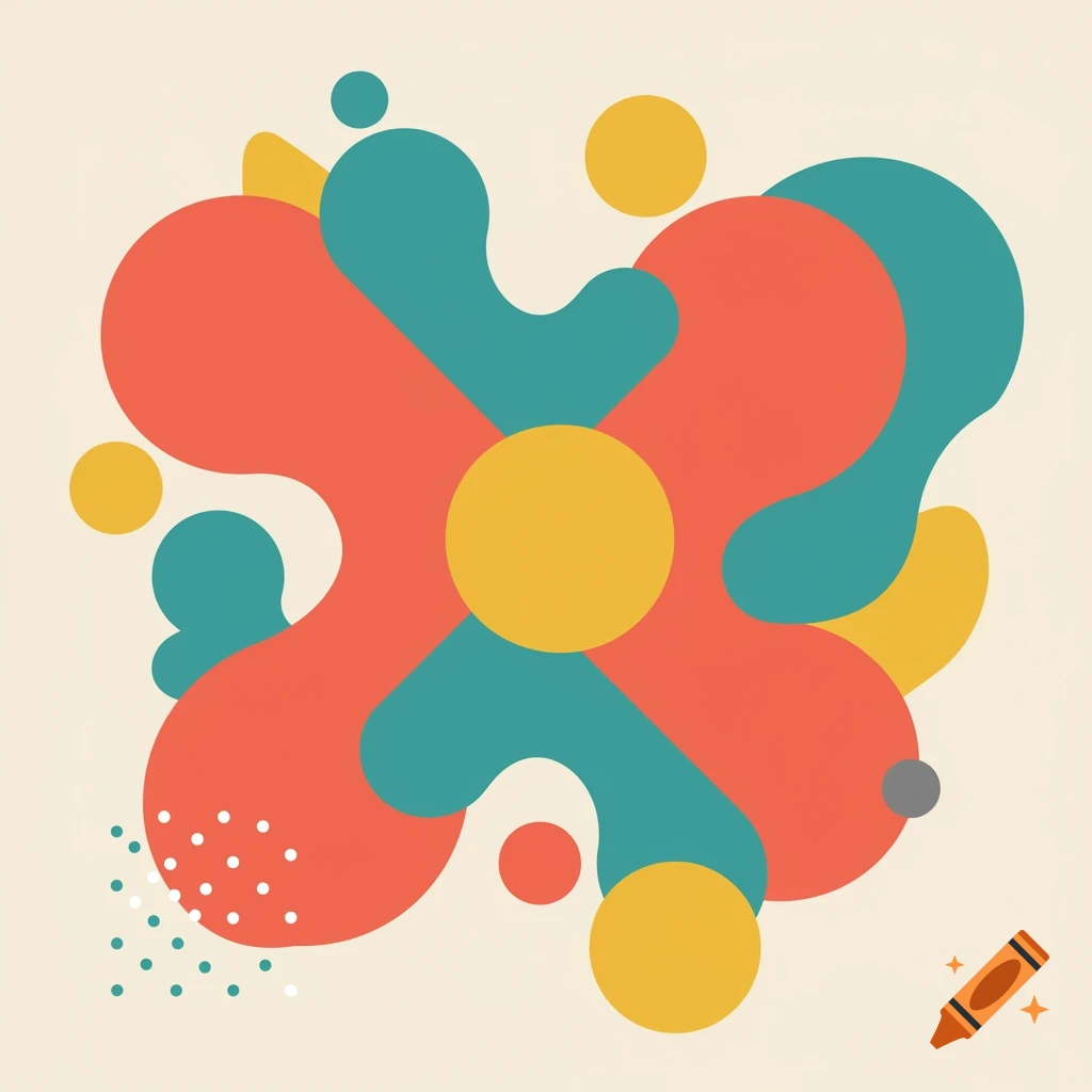 Abstract illustration with flowing red, teal, and yellow shapes and circles on a light background.