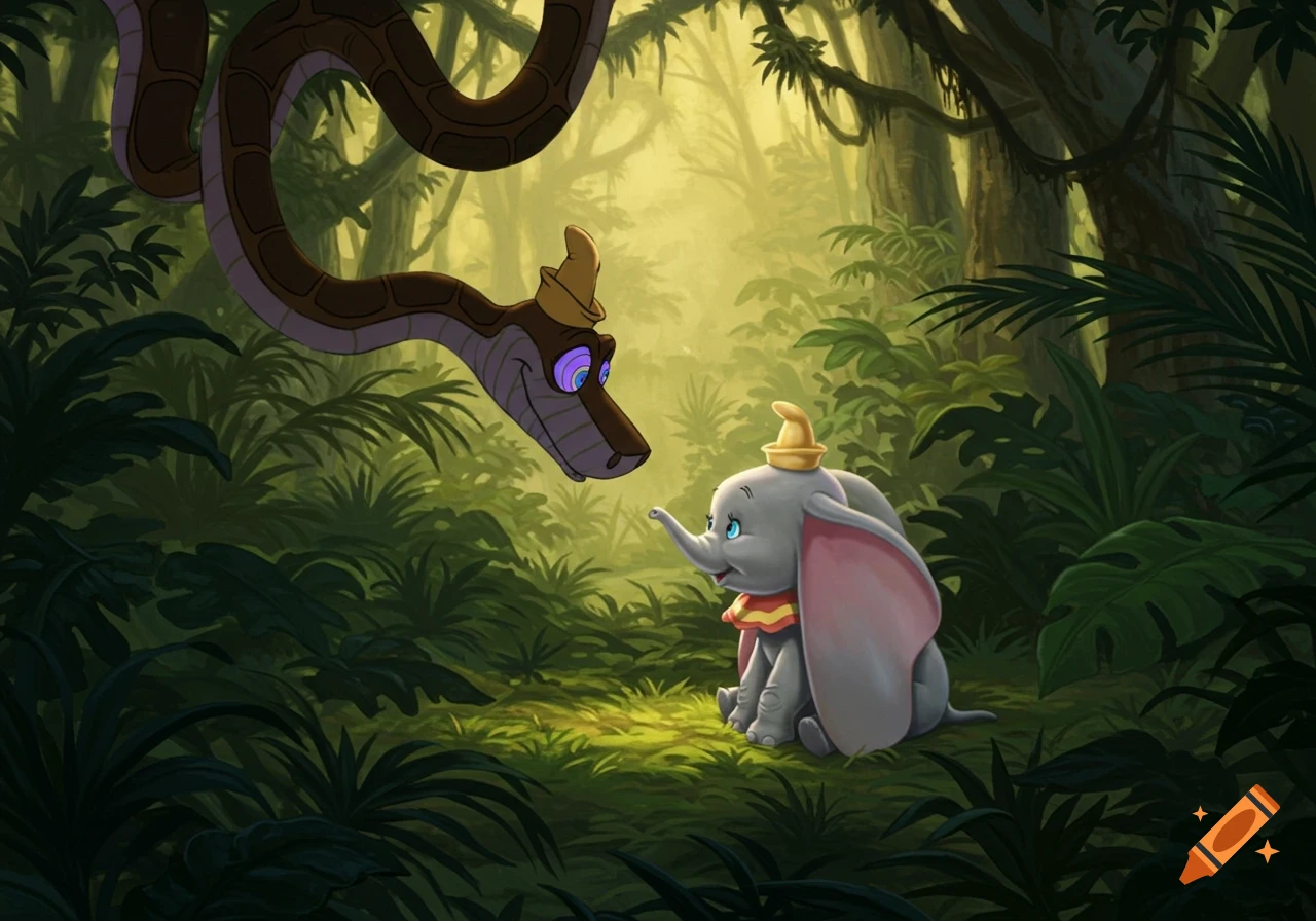 Kaa the snake looks down at Dumbo the elephant in a light-filled jungle clearing, animated style.
