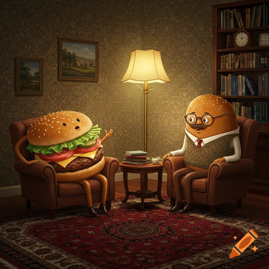 An anthropomorphic hamburger patient talks to a hamburger therapist in a cozy, lamp-lit study with a bookshelf.
