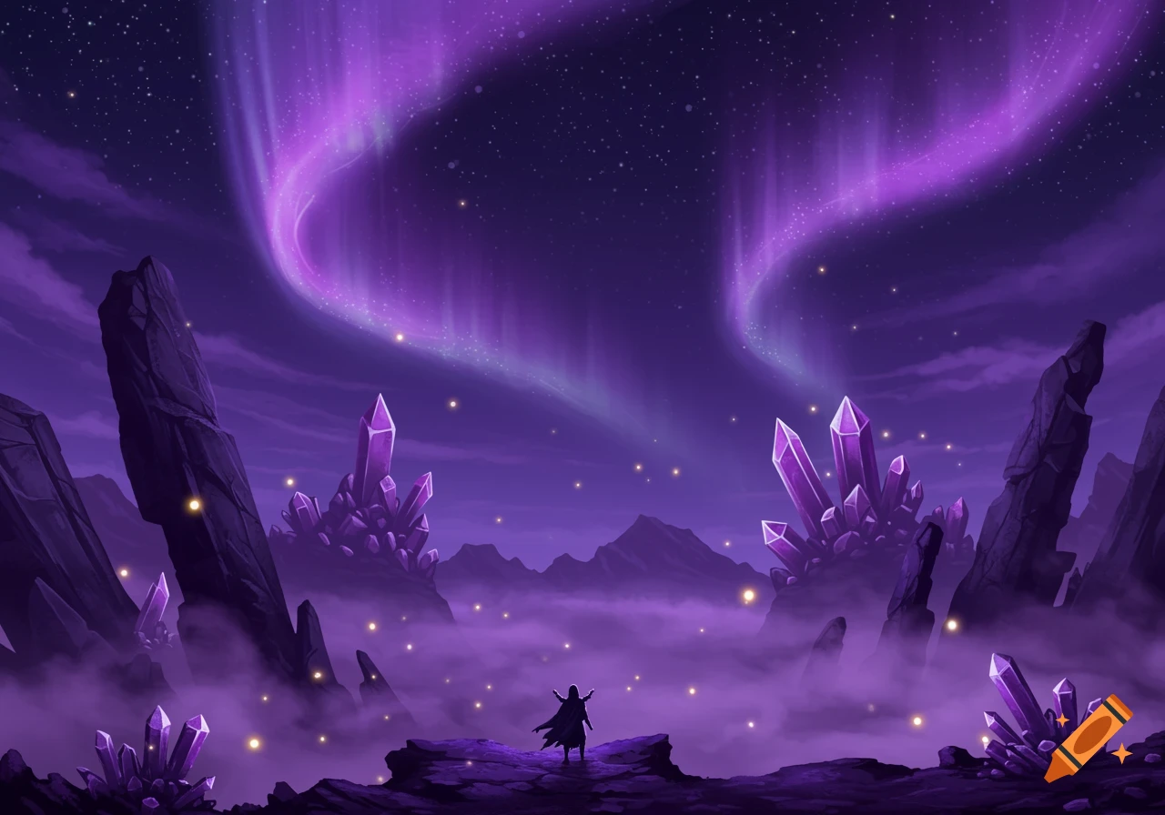A lone figure stands in a mystical purple landscape with glowing crystals, jagged rocks, and a vibrant aurora under a starry night sky. Digital painting.