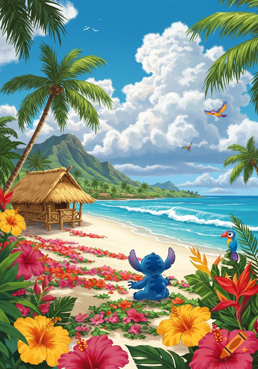 Cartoon illustration of Stitch on a tropical beach with a hut, palm trees, colorful flowers, and birds.