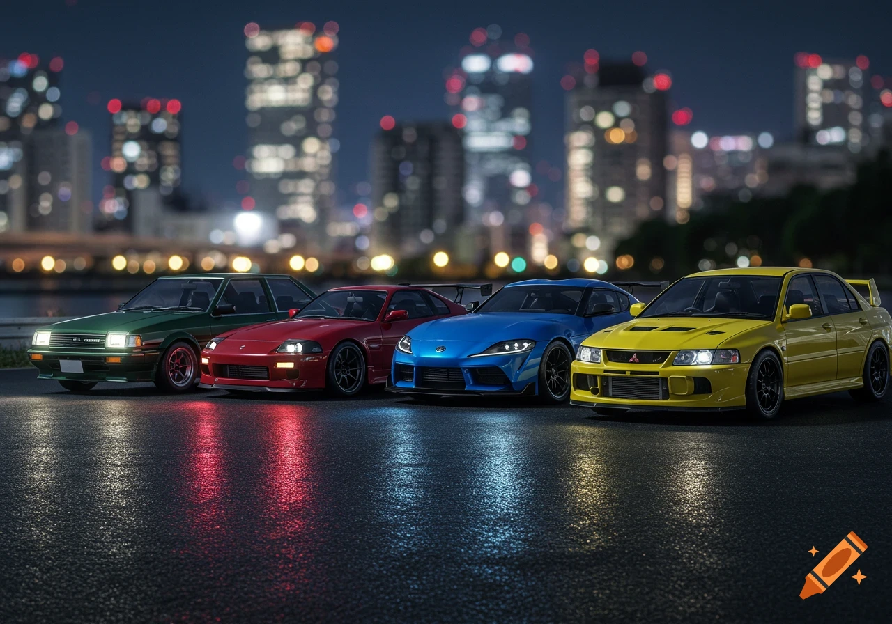 Four diverse sports cars (green, red, blue, yellow) lined up on a wet street at night with a blurred city skyline.