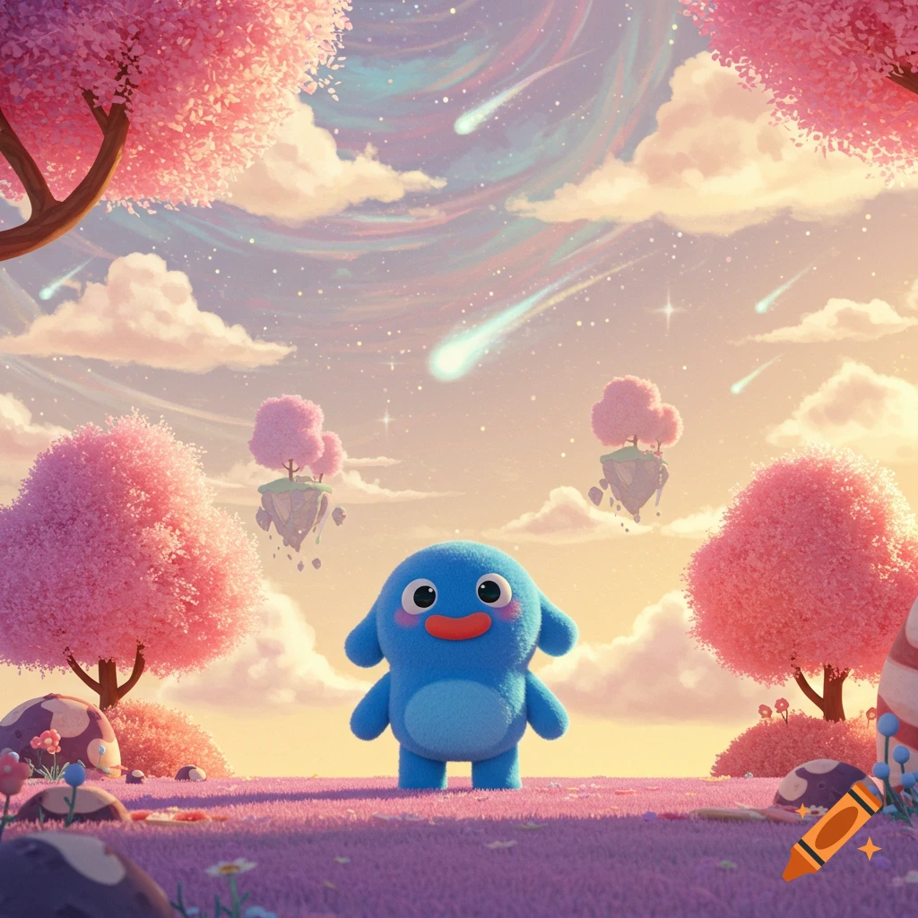 A cute, blue plush cartoon creature stands in a whimsical purple field with pink trees, floating islands, and shooting stars in a pastel sky.