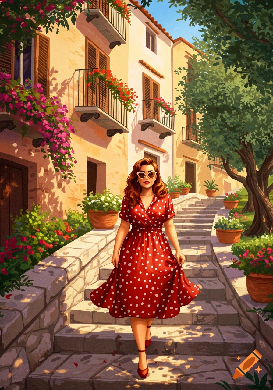 A woman in a red polka-dot dress and sunglasses walks down stone stairs lined with flowers and buildings.