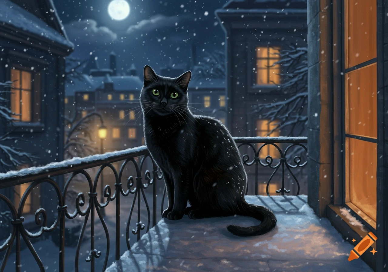 A black cat with green eyes sits on a snowy balcony at night, with a full moon and city lights in the background. Snow is falling.