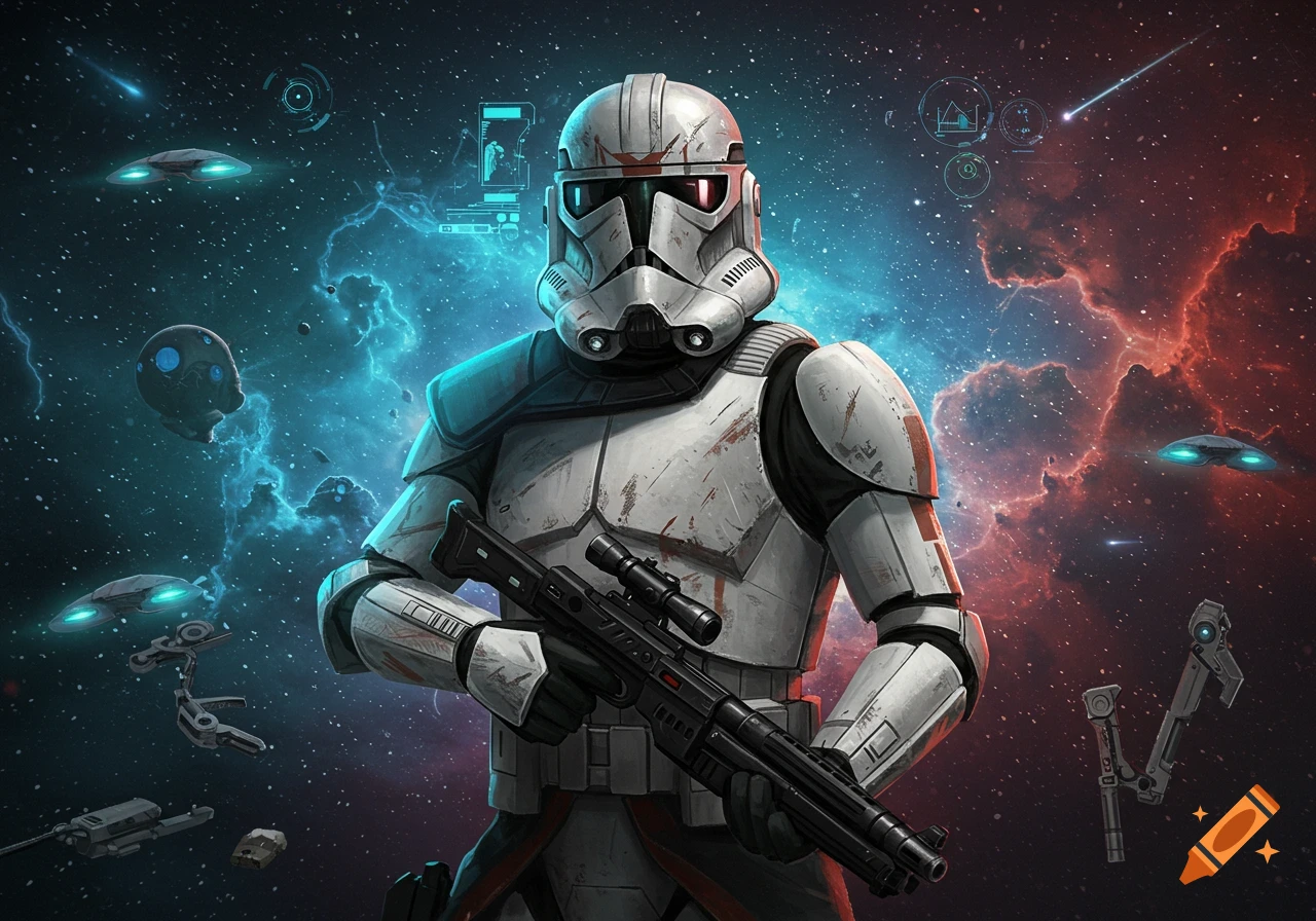 A Galactic Marine-like soldier in white armor holds a rifle in a vibrant space background with nebulas and futuristic elements.