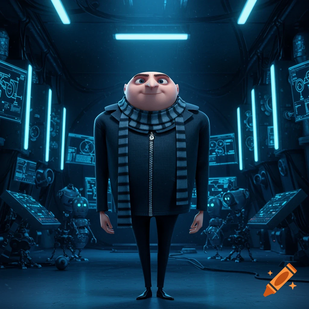 A smiling cartoon villain, Gru, stands in a dark, neon-lit sci-fi lab with glowing blue screens and small robots.