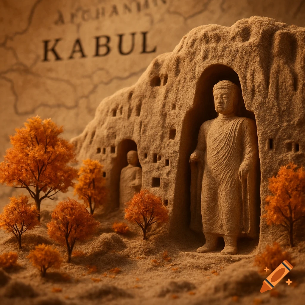 A detailed sand-sculpted miniature of Bamiyan Buddhas and autumn trees on a map of Afghanistan with 'KABUL' visible.