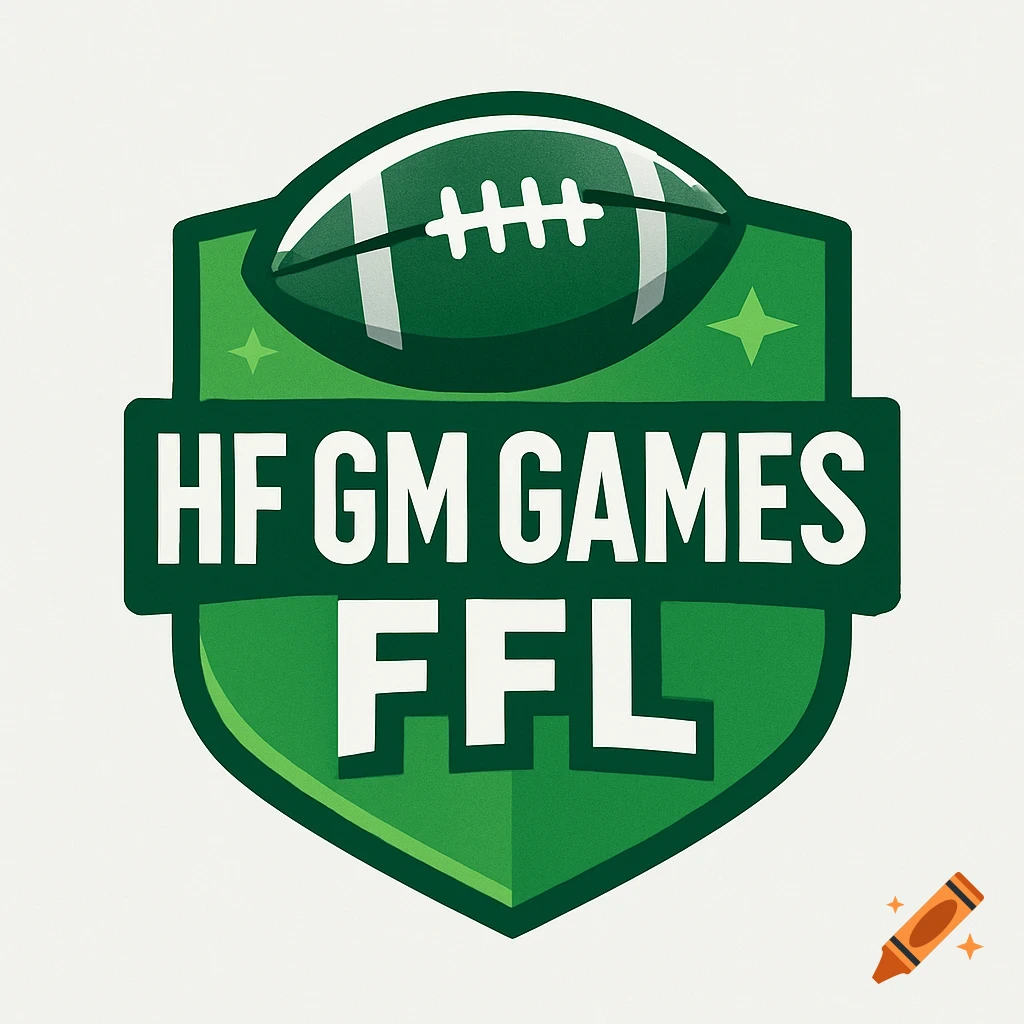 A green and dark green shield logo with a football on top and the text "HF GM GAMES FFL".