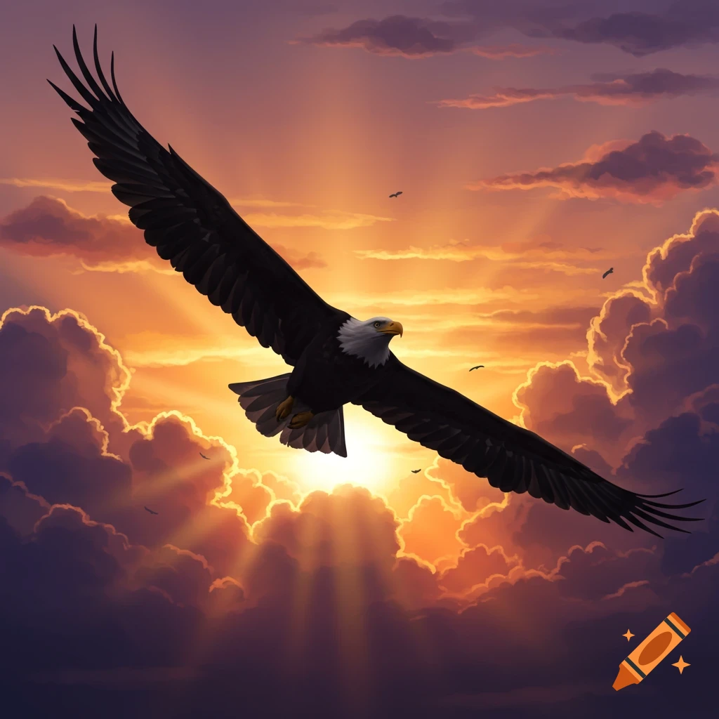 A bald eagle with wings spread wide soars in a vibrant sunset sky filled with orange and purple clouds.