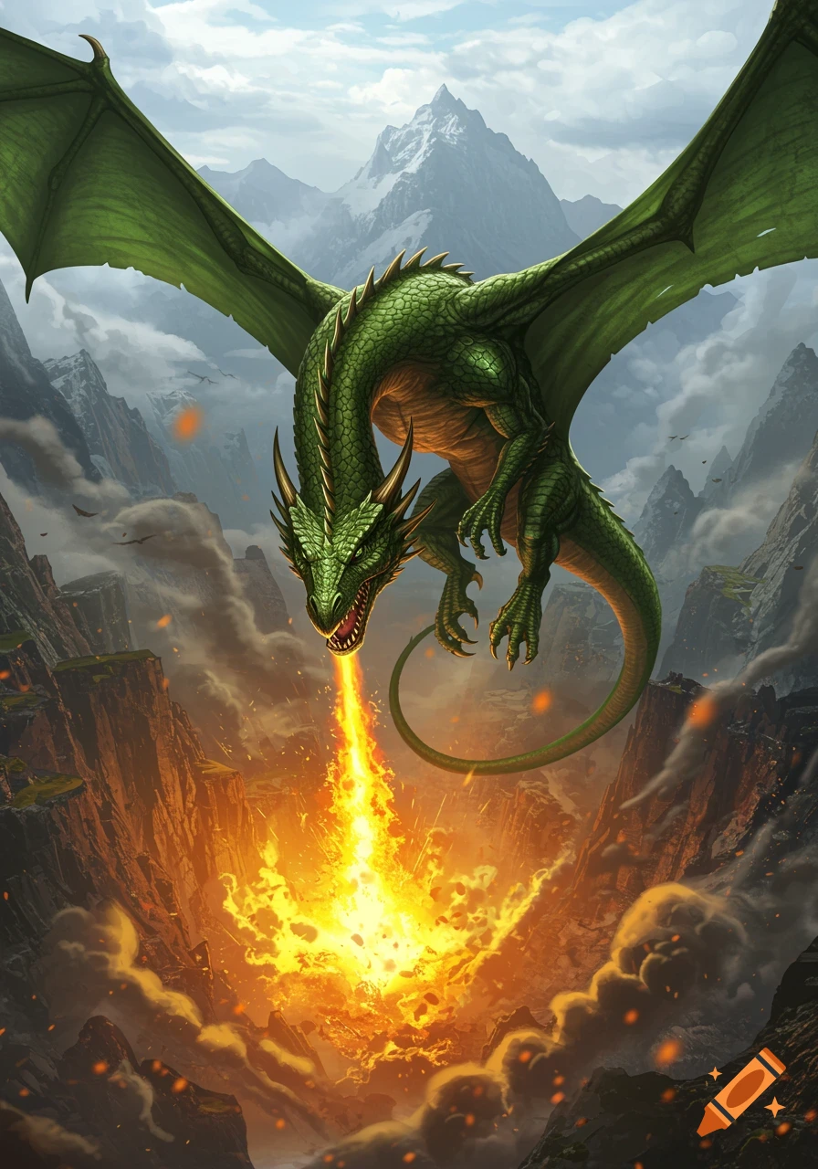 A vibrant green dragon flies above mountains, breathing a torrent of fire into a deep chasm. Digital illustration.