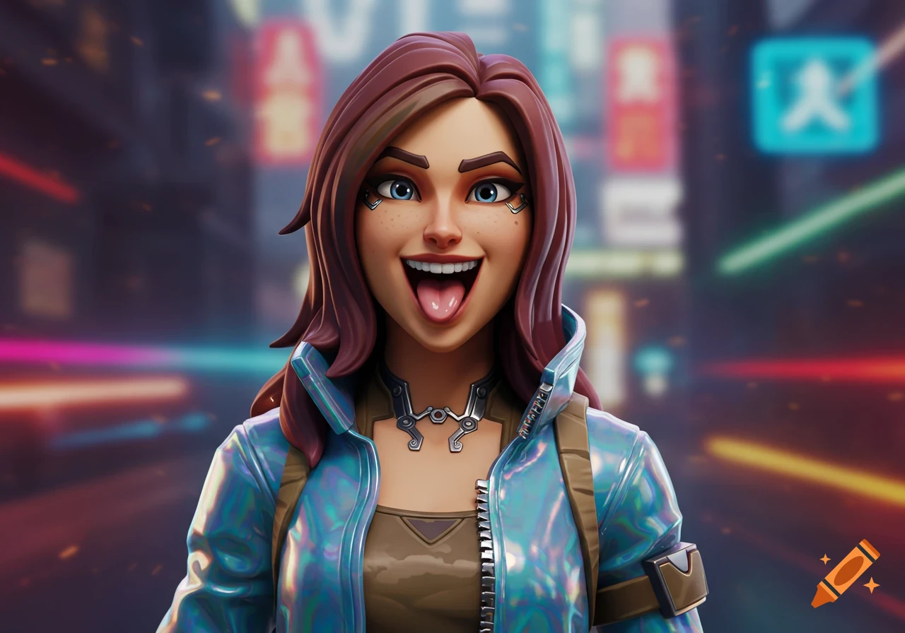 A 3D rendered character with brown hair, blue eyes, and freckles, wearing an iridescent blue jacket, sticking her tongue out in a neon-lit city.