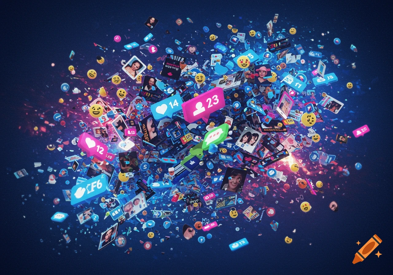 A vibrant, chaotic explosion of social media icons, emojis, profile pictures, and notification bubbles against a dark blue background.