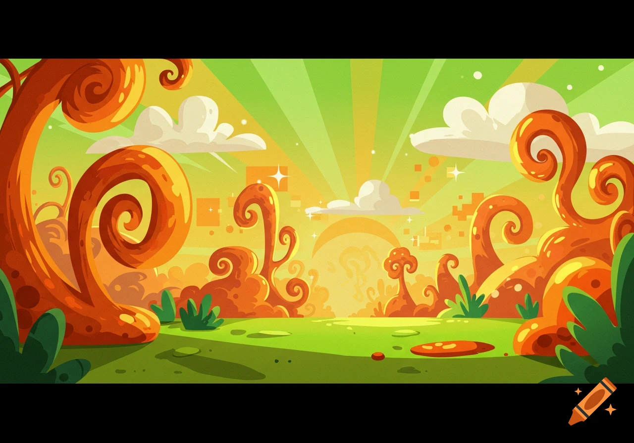 A vibrant, stylized 90s cartoon landscape with orange swirling plants, green grassy ground, fluffy clouds, and a bright, rayed sky.