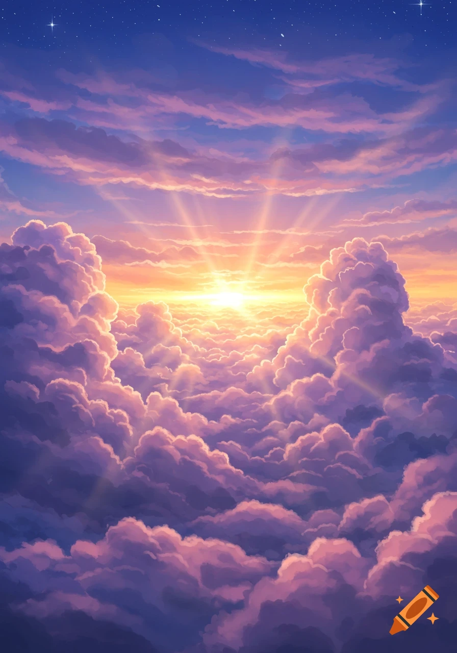 A vibrant sunset with a bright sunburst illuminating a vast expanse of purple and orange clouds.