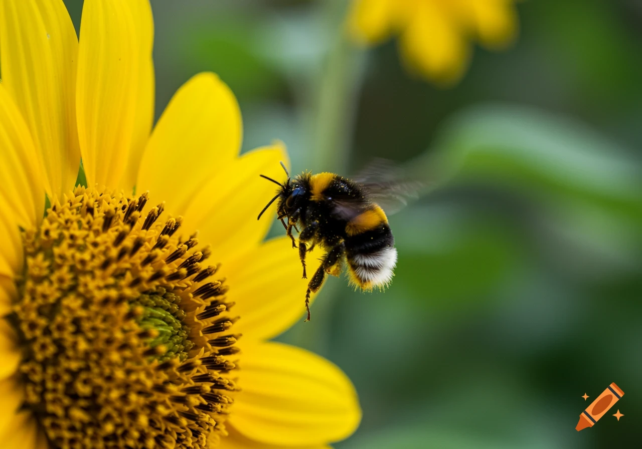 A photorealistic close-up of a bumblebee flying next to a yellow sunflower, with a blurred green background.