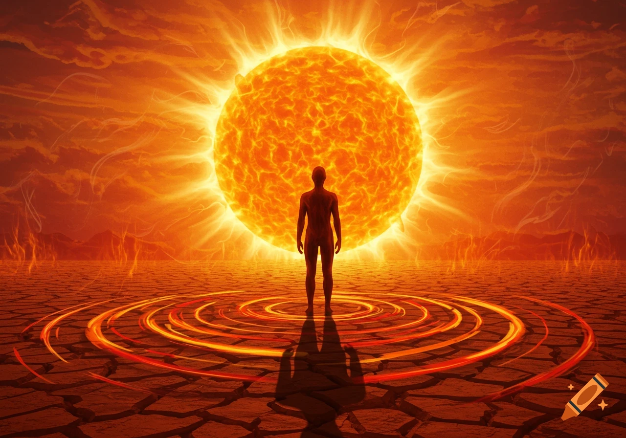 A silhouette of a person stands on cracked, dry earth looking at a massive, radiant orange sun in a fiery sky. Red-orange ripples emanate from the person's feet.