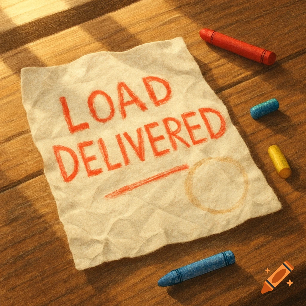A crumpled piece of paper with "LOAD DELIVERED" written in red crayon, surrounded by colorful crayons, on a wooden table.