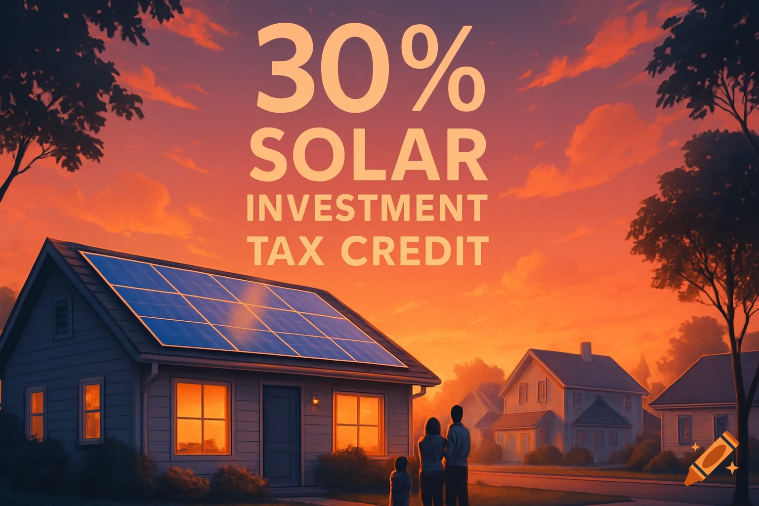 A house with solar panels at sunset, with a family in the foreground and large text '30% SOLAR INVESTMENT TAX CREDIT' in the sky.