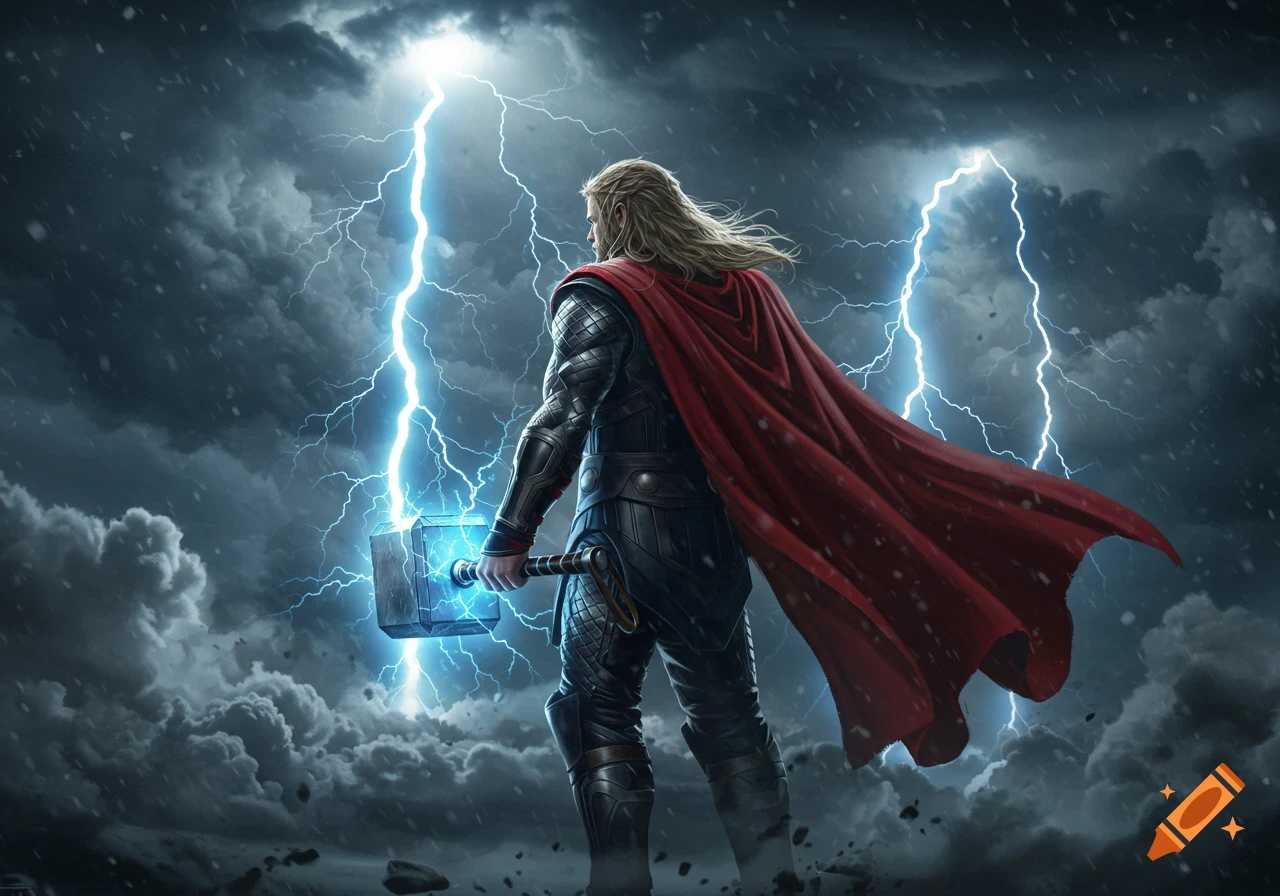 Thor, seen from behind, holding Mjolnir in a stormy, lightning-filled sky. Digital painting style.