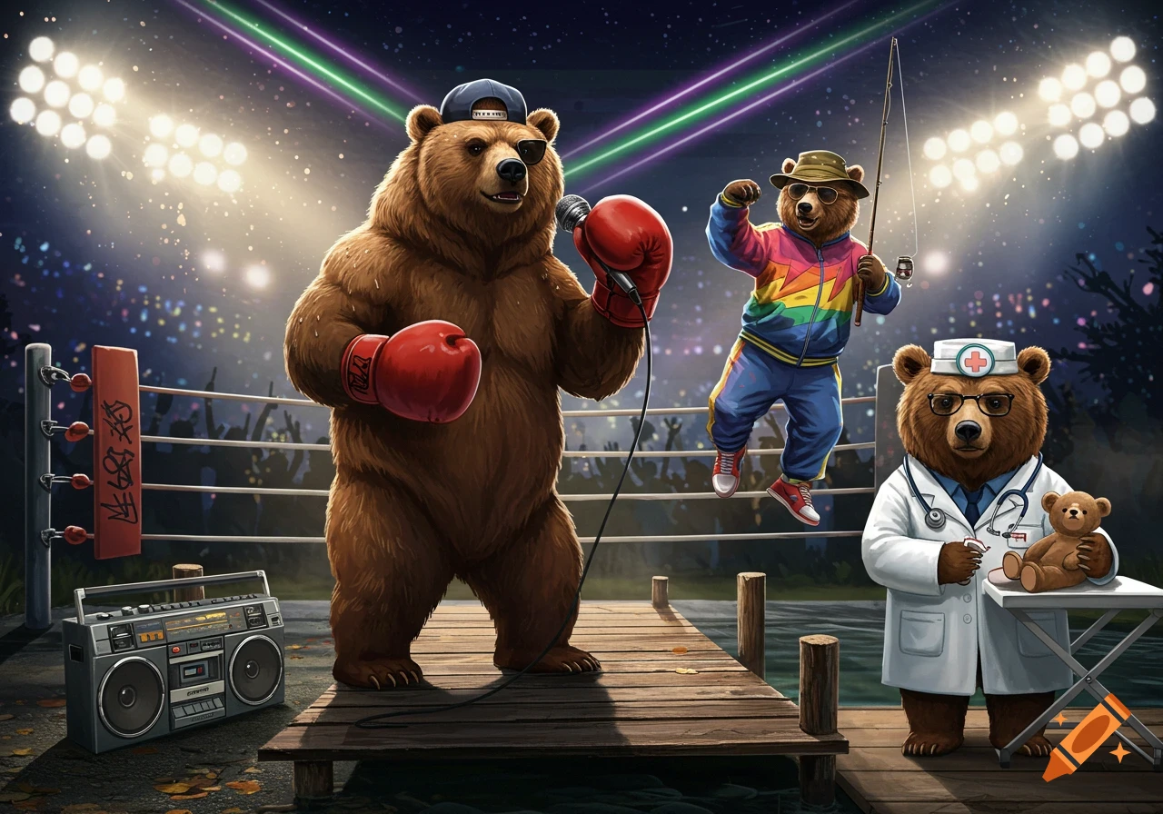 A large boxing bear with a microphone on a wooden pier, with a breakdancing bear in a rainbow tracksuit and a doctor bear with a teddy bear in the background, under stadium lights.