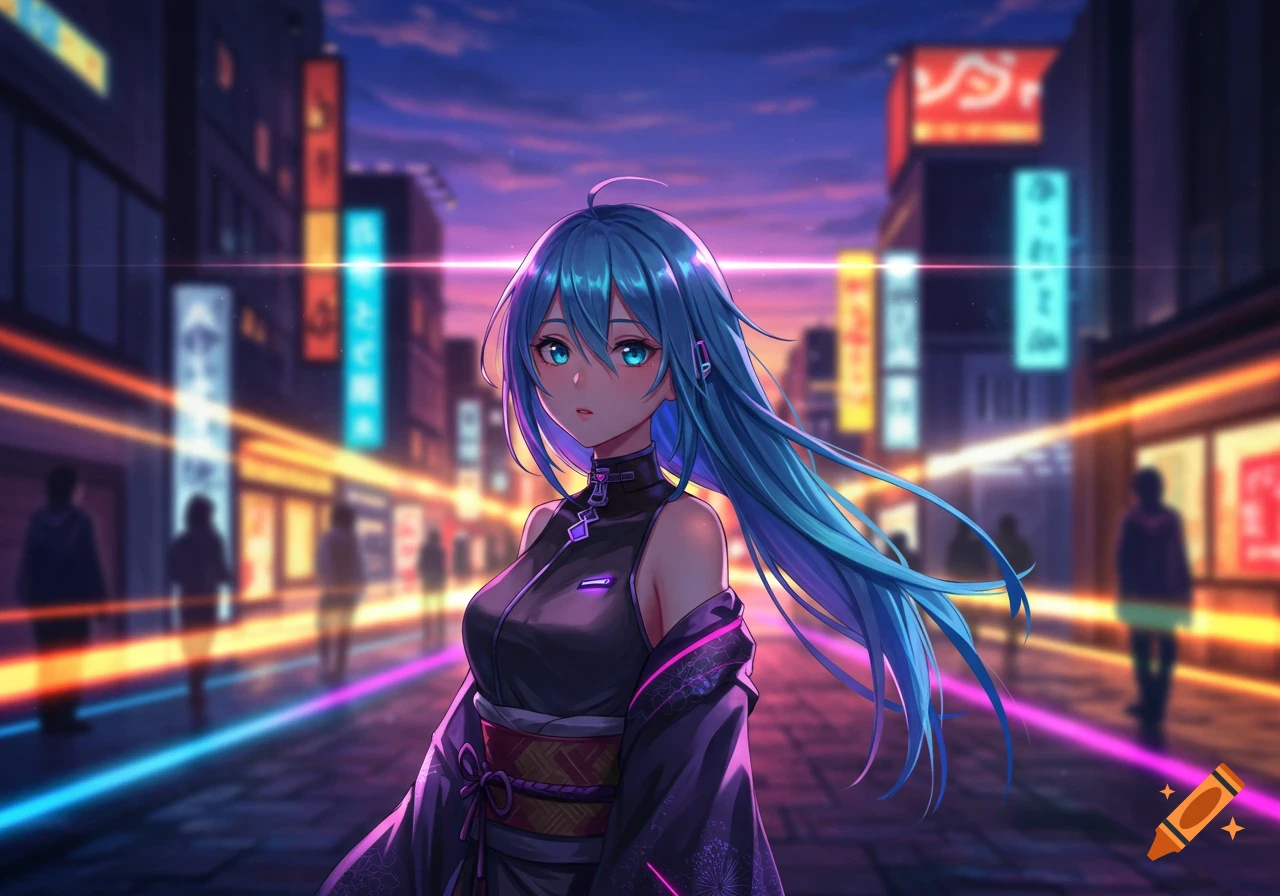 An anime girl with long blue hair and glowing blue eyes stands in a vibrant cyberpunk city street at dusk, surrounded by neon lights.