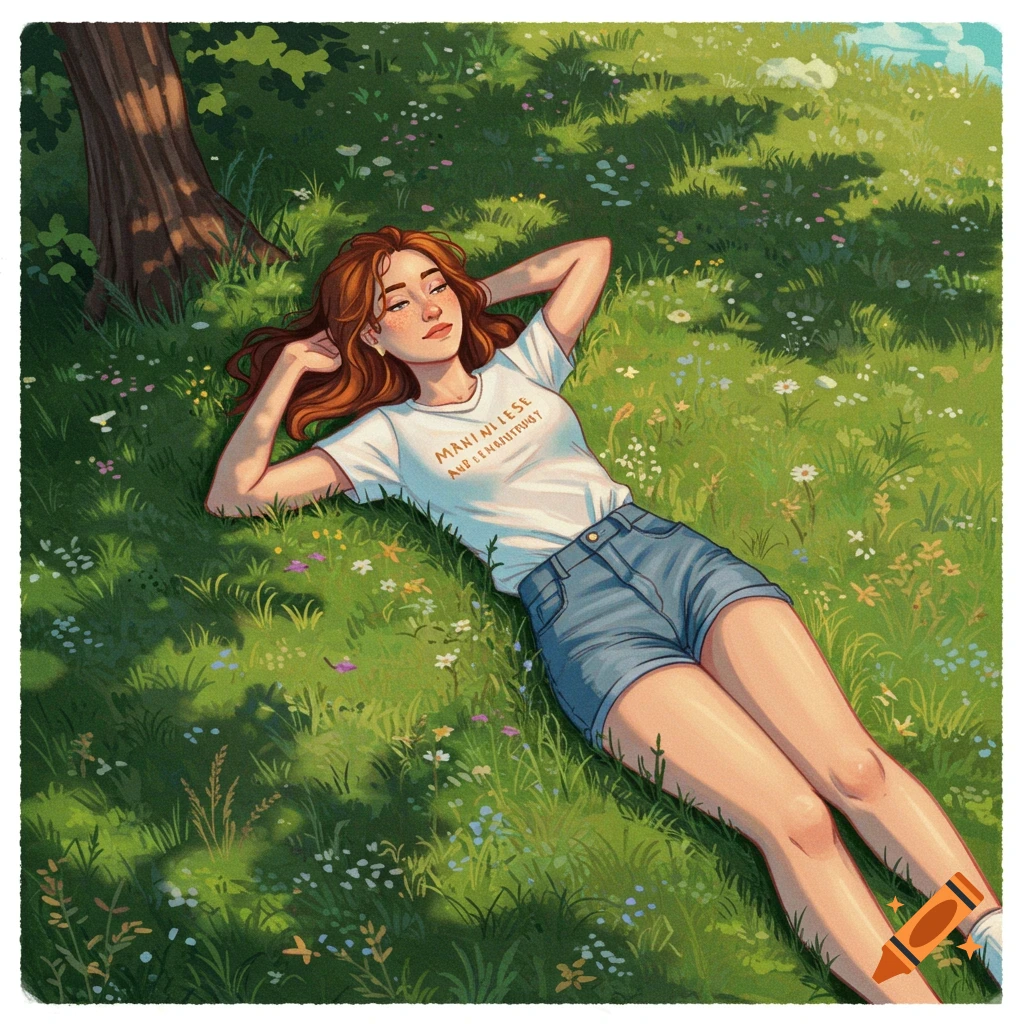 A red-haired woman in a white t-shirt and denim shorts lies in sunny grass with her hands behind her head, illustration.