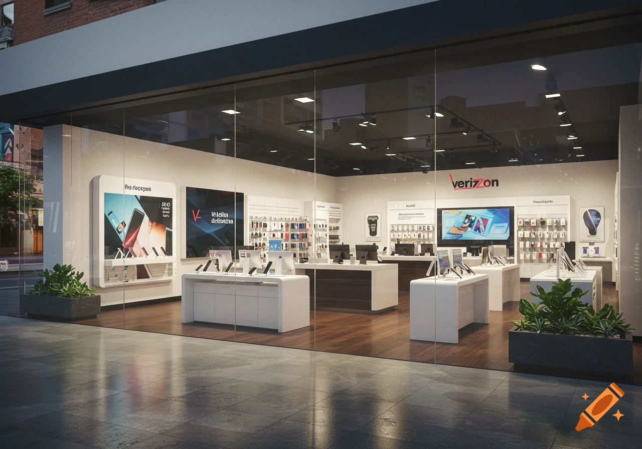 A modern Verizon electronics store interior with phones and displays on white counters, viewed through a glass storefront.