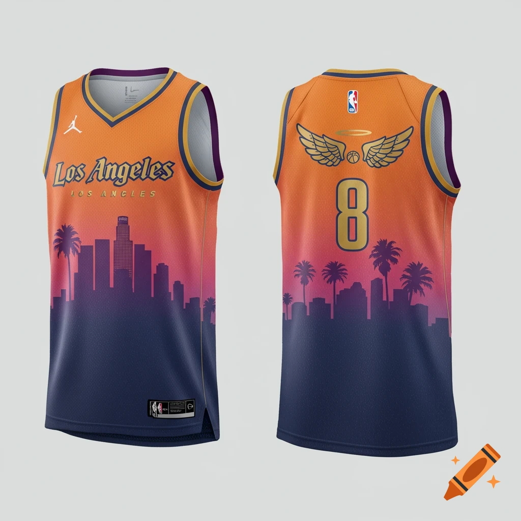 A basketball jersey with an orange and purple gradient featuring a cityscape and palm trees silhouette, 'Los Angeles' text, a number 8 on the back, and a winged basketball graphic.
