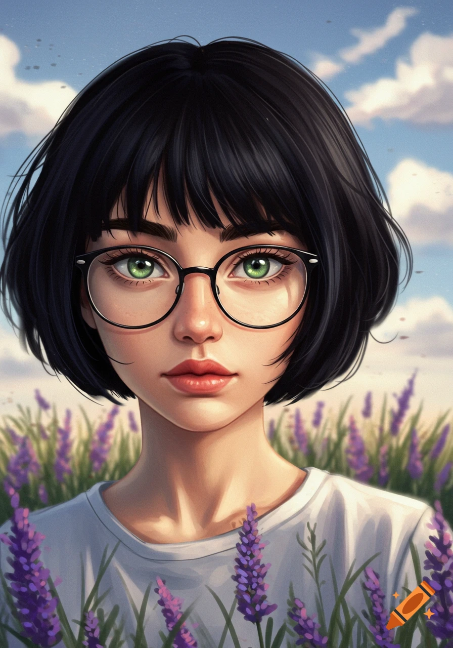 Stylized portrait of a young woman with short black hair, green eyes, and round glasses, standing in a lavender field.