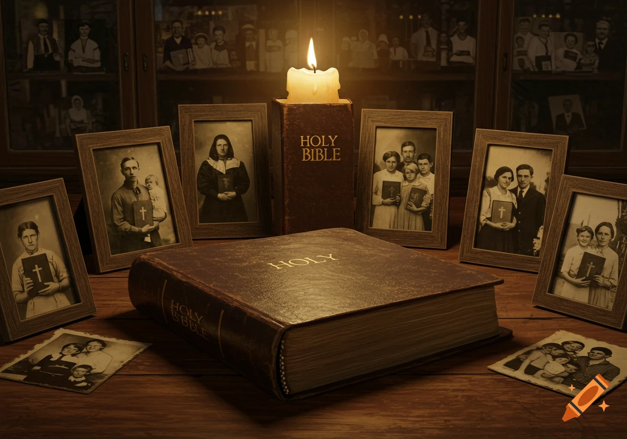 A photorealistic still life featuring an illuminated candle, two Bibles, and several framed vintage black and white family photos on a wooden table.