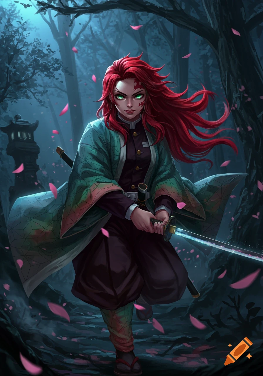 A red-haired woman in a demon slayer style uniform holds a sword in a dark forest with falling pink petals, anime art.
