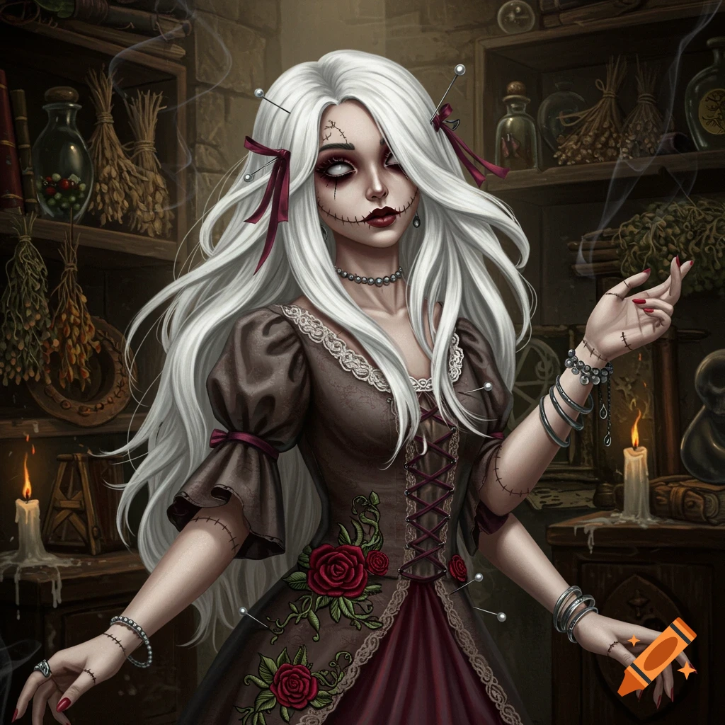 A detailed illustration of a white-haired woman with stitches and pins, styled as a voodoo doll, standing among shelves of herbs and lit candles.