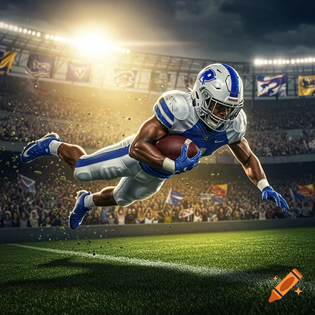 A dynamic shot of a football player in a blue and white uniform leaping with the ball in a stadium.