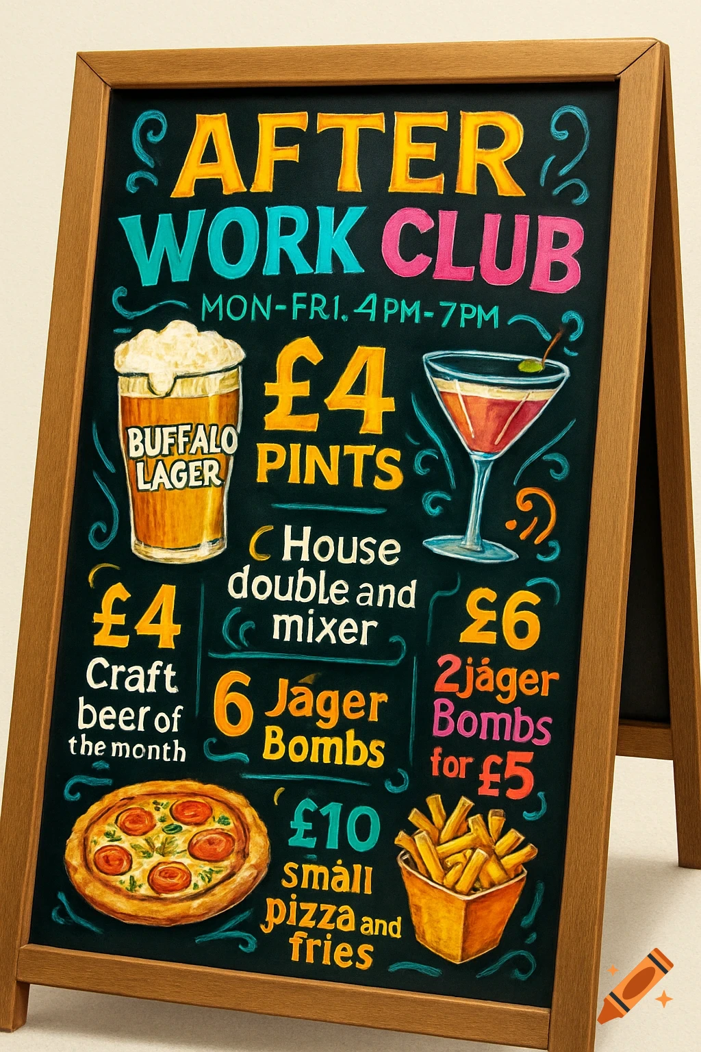A colorful A-board chalkboard sign for an "After Work Club" advertising drink and food specials, including pints, cocktails, Jäger Bombs, pizza, and fries.