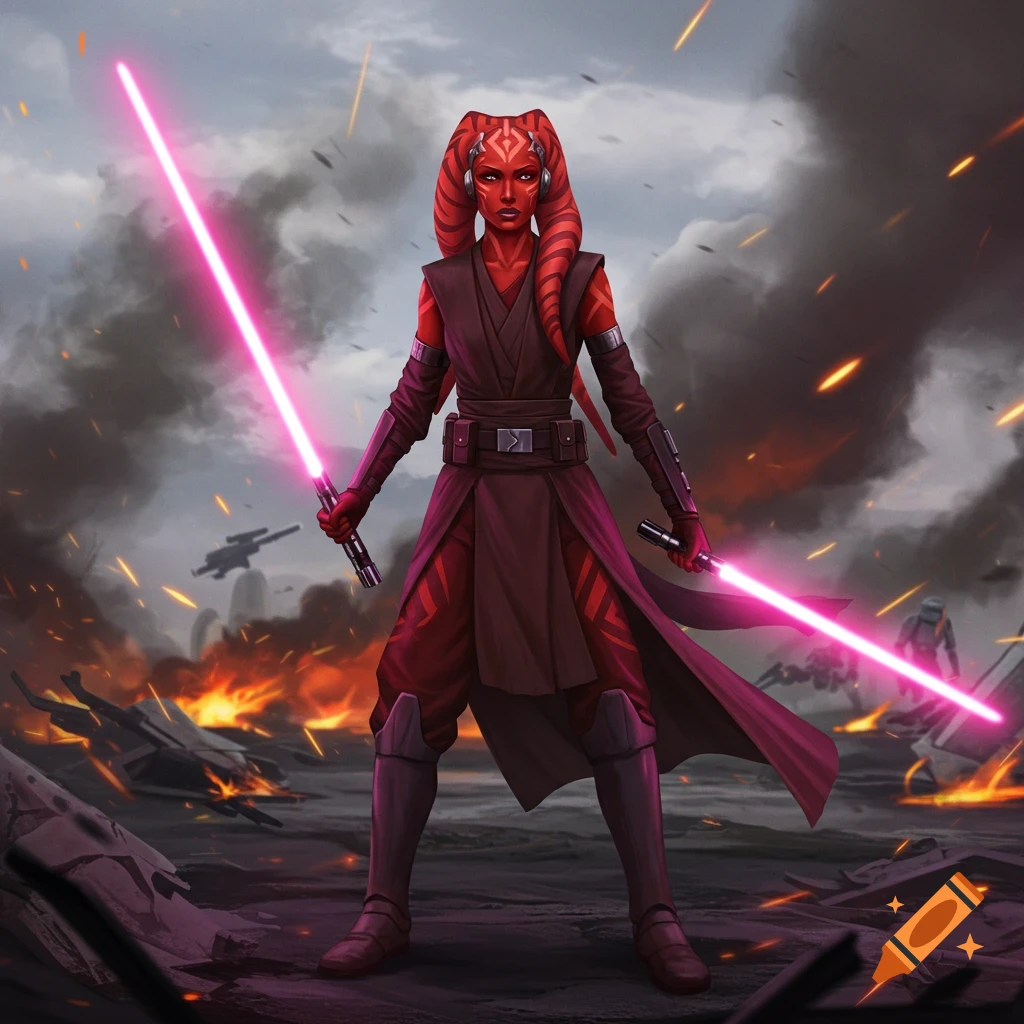 A red-skinned Twi'lek Jedi stands on a burning battlefield, holding two magenta lightsabers.