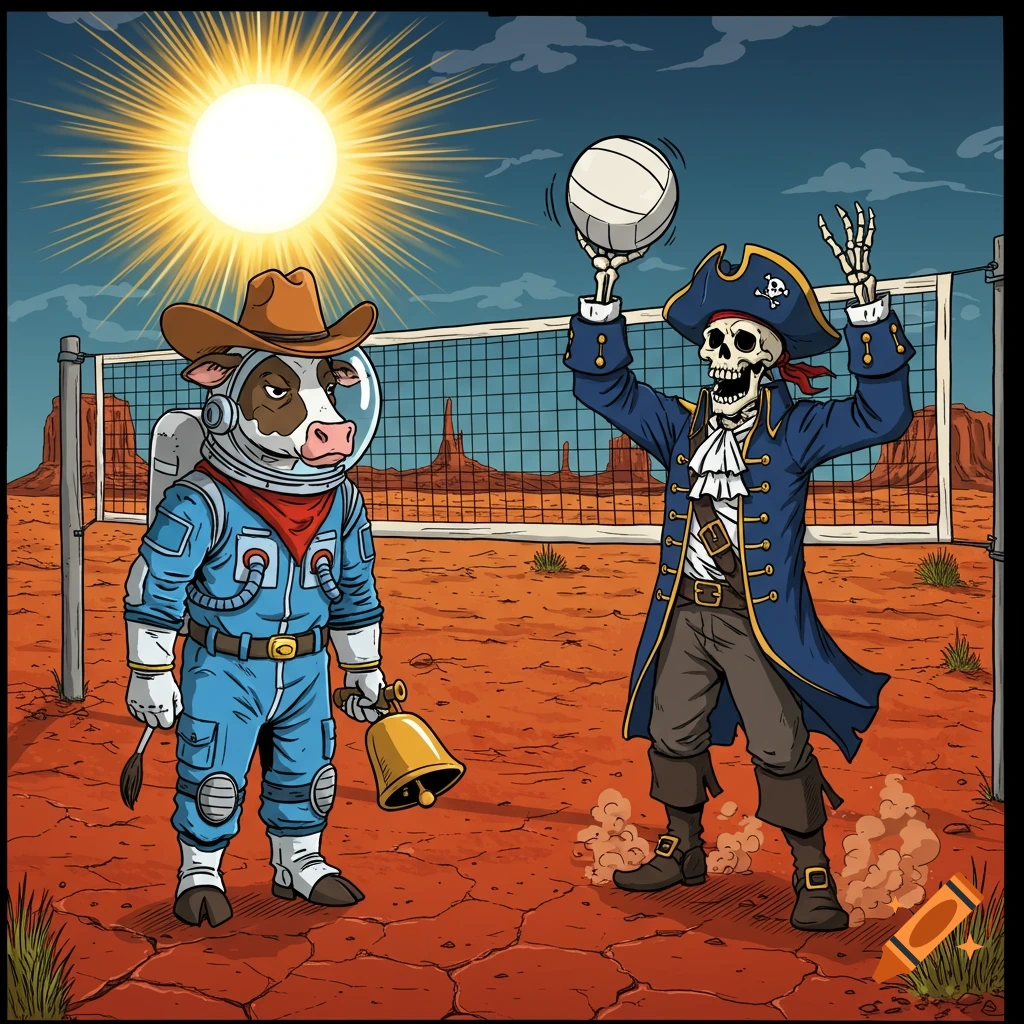 A comic book-style illustration of an anthropomorphic cow in an astronaut suit and cowboy hat playing volleyball with a skeleton pirate in a desert.