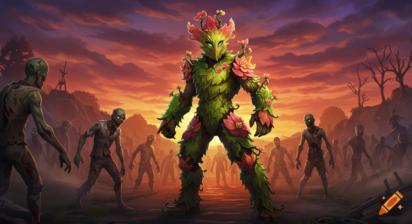 A large, leafy plant-like hero with pink flowers stands among a horde of stylized zombies under a dramatic orange and purple sky.