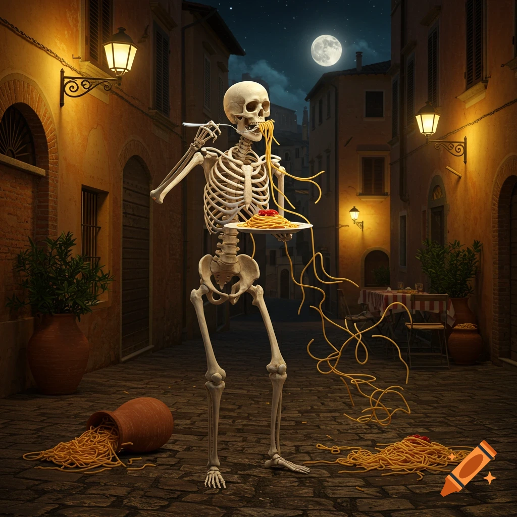 A skeleton stands in a cobblestone alleyway at night, holding a plate of spaghetti and eating from it with a fork. Spaghetti spills from its rib cage and a pot on the ground.