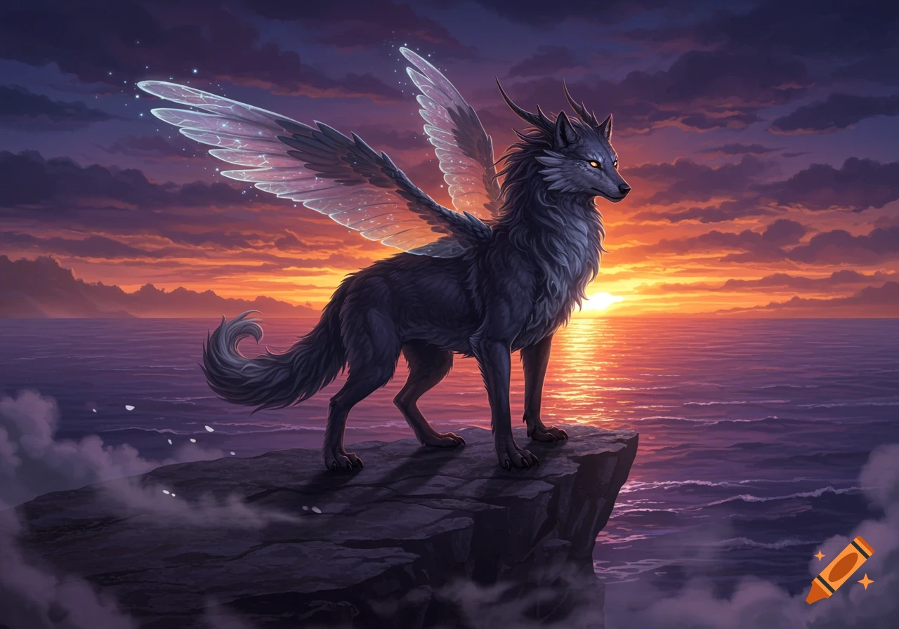 A majestic winged wolf with glowing eyes stands on a rocky cliff overlooking a vibrant sunset over the ocean.