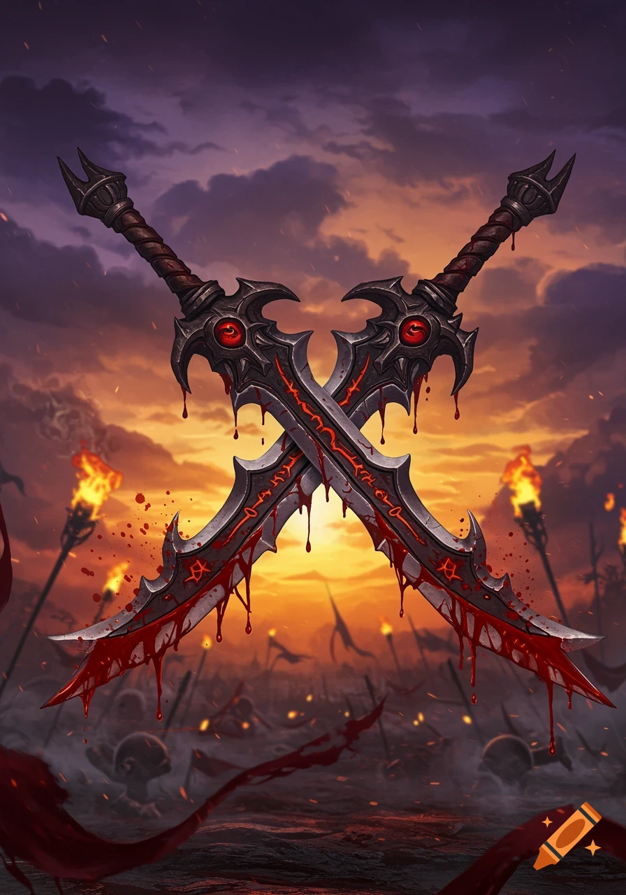 Two stylized fantasy swords crossed, dripping blood, against a fiery sunset over a battlefield with torches.