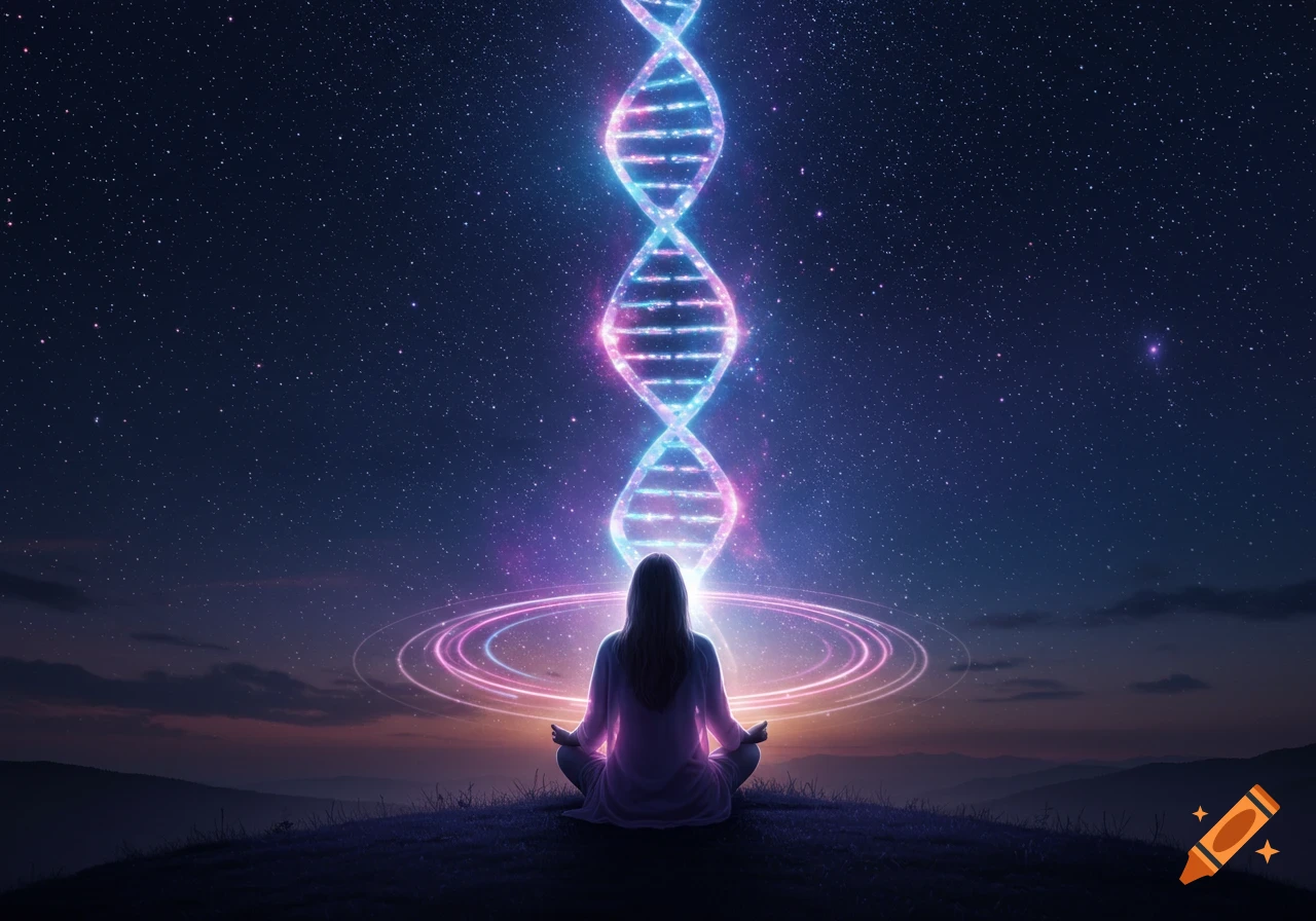 A silhouette of a woman meditating under a starry night sky with a glowing blue and pink DNA strand extending upwards from her.