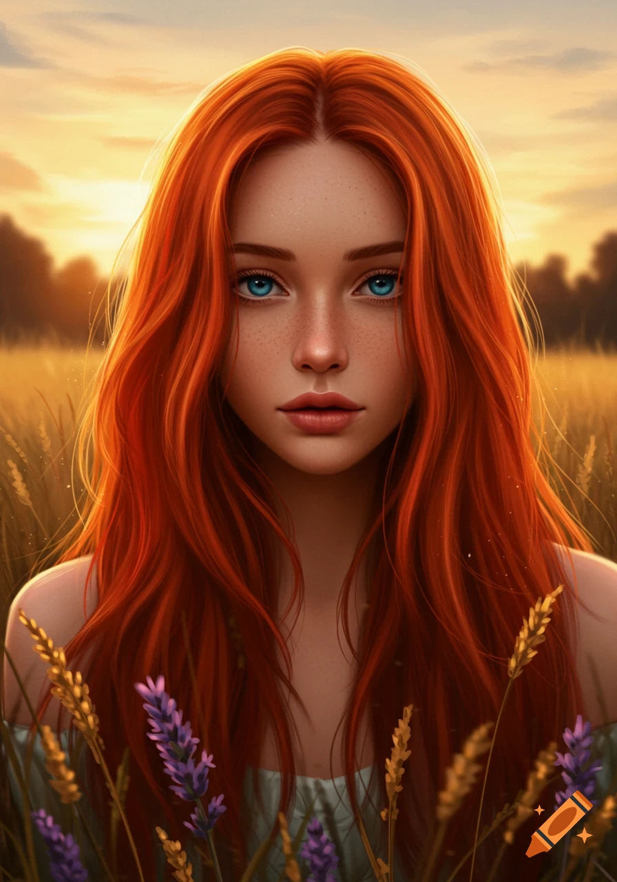 Stylized portrait of a young woman with long red hair and blue eyes in a golden field with purple flowers at sunset.