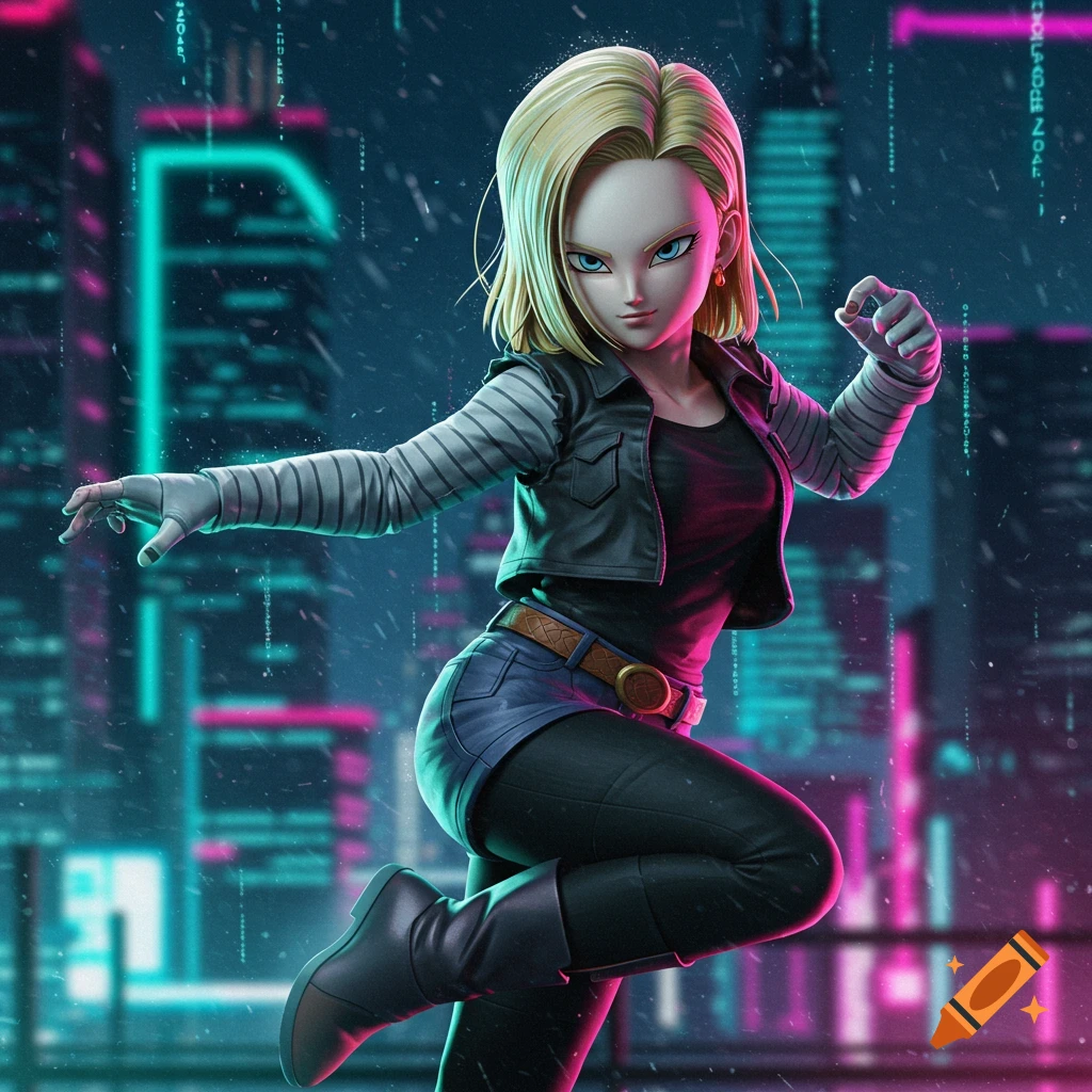 Android 18, a blonde woman in a black jacket and blue shorts, poses in a neon-lit cyberpunk city at night.