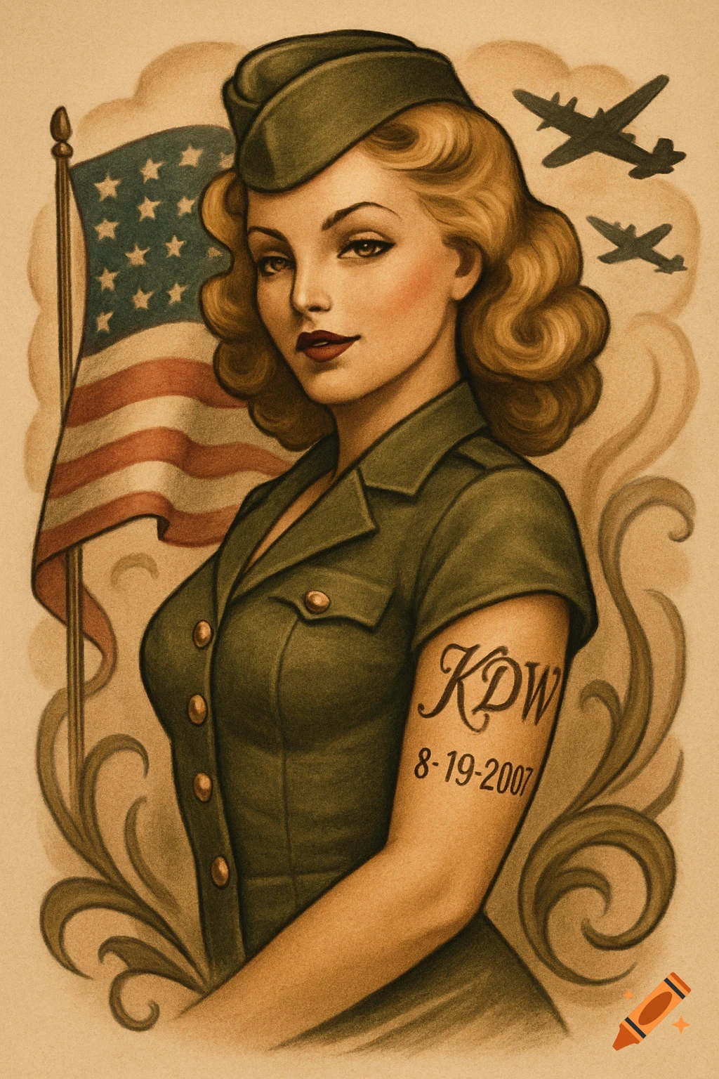 A vintage-style pinup illustration of a blonde woman in a green military uniform, with an American flag, two airplanes, and a tattoo 'KDW 8-19-2007' on her arm.