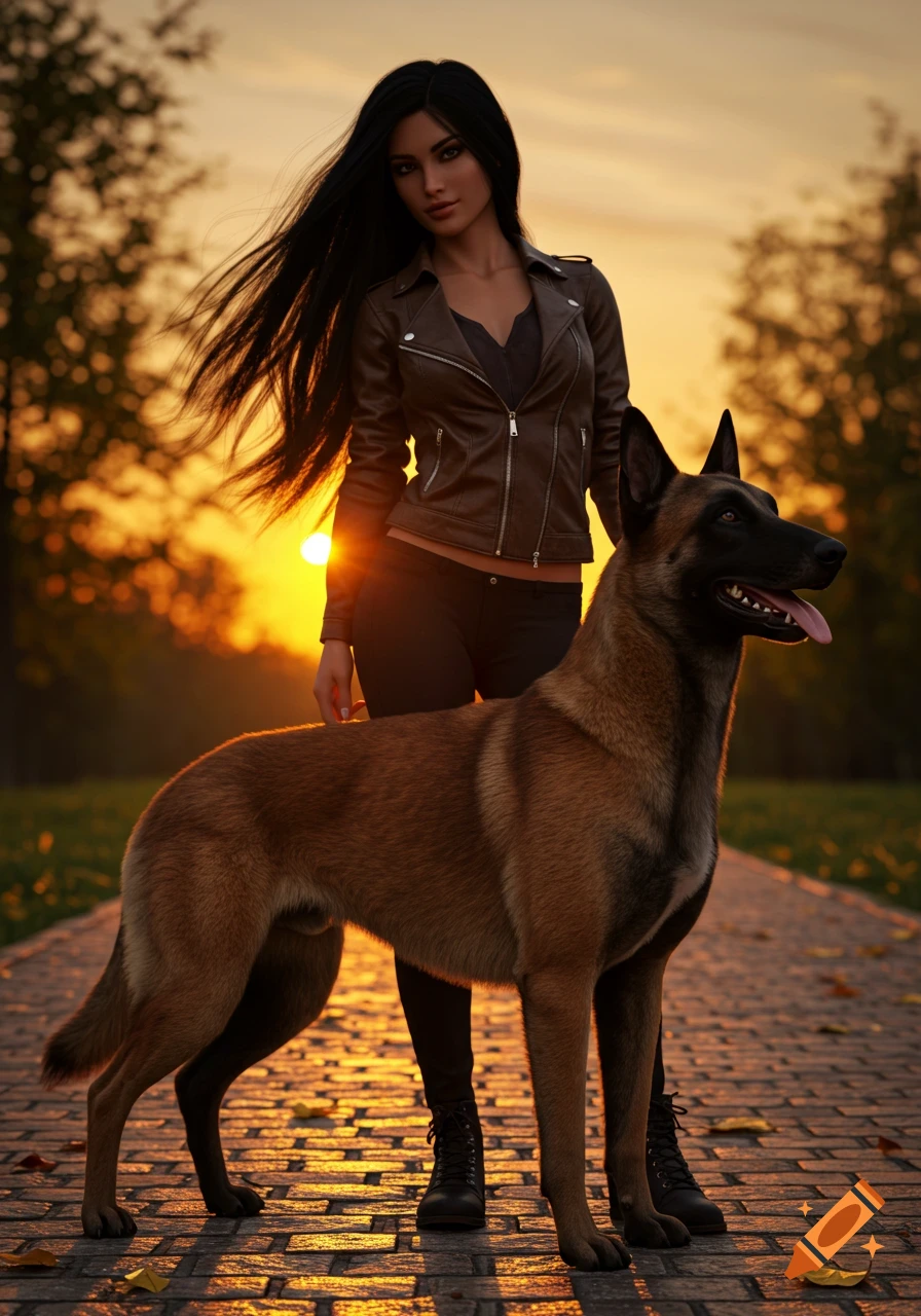 A photorealistic image of a woman in a leather jacket standing next to a Belgian Malinois dog on a paved path at sunset.